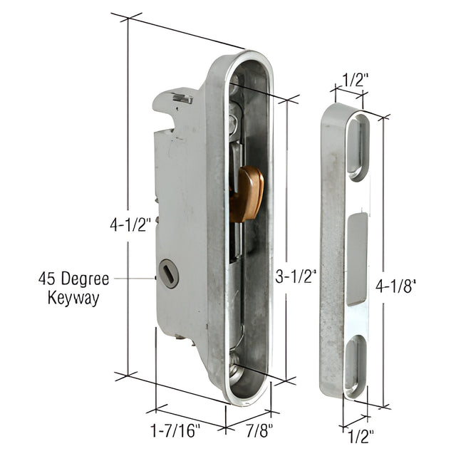 CRL 7/8" Wide Mortise Lock and Keeper with 3-1/2" Screw Holes with 45 Degree Keyway
