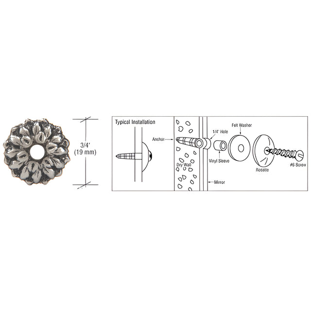CRL Antique Silver 3/4" Floral Metal Mirror Rosette