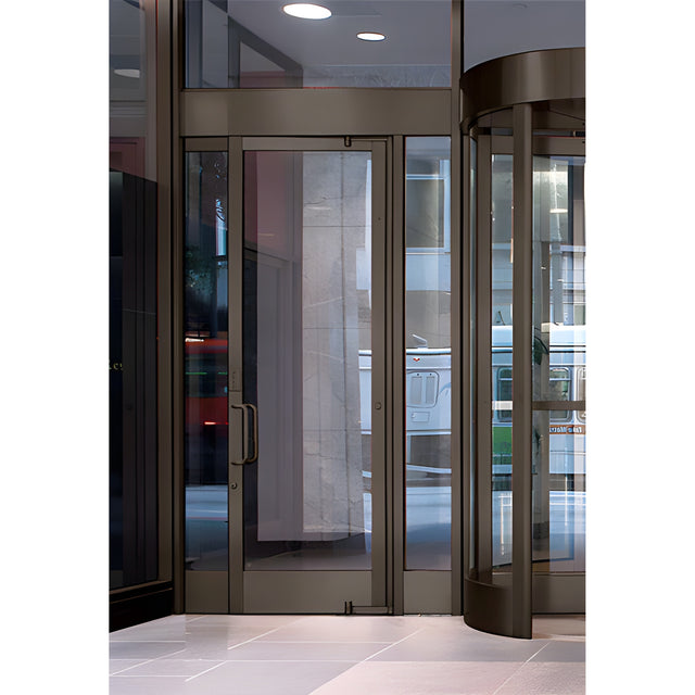 CRL Balancer™ Dark Bronze Aluminum Medium Stile Door for 1" Glazing; 3-11/32" Top Rail; 9-1/2" Bottom Rail; Concealed Hinge Tube RHR; With Panic