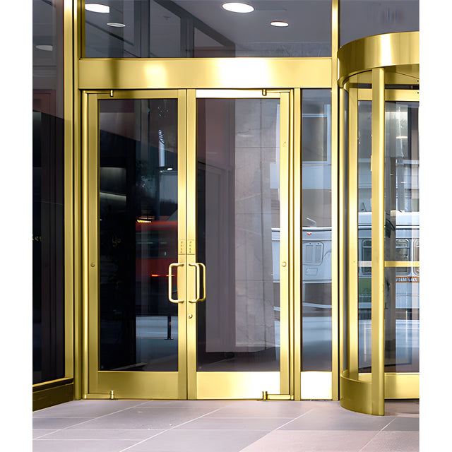 CRL Balancer™ Satin Brass Aluminum Wide Stile Door for 1/4" Glazing; 5-1/2" Top Rail; 9-1/2" Bottom Rail; Exposed Hinge Tube Double Doors; With Panic