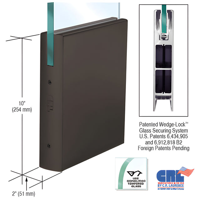 CRL Black Bronze Anodized 1/2" Glass 10" Square Door Rail Without Lock - Custom Length