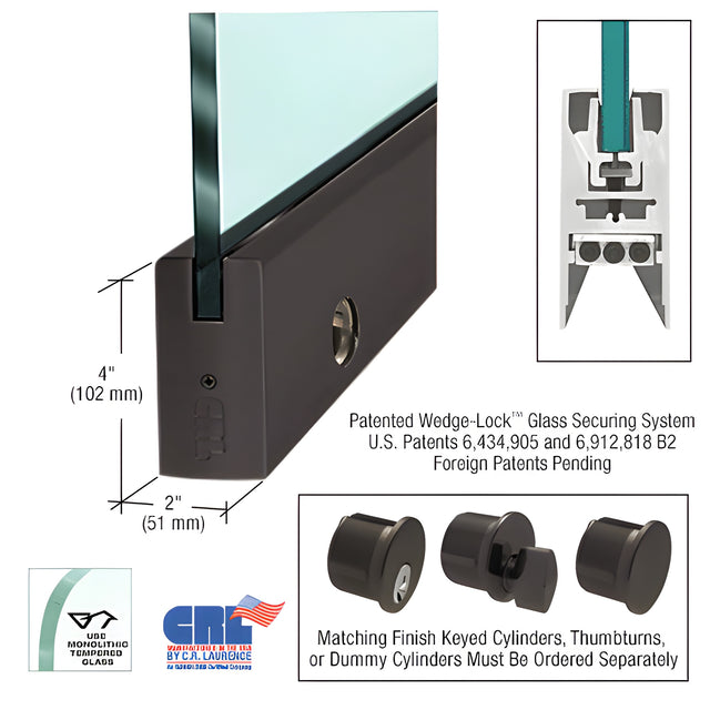 CRL Black Bronze Anodized 1/2" Glass 4" Square Door Rail With Lock - Custom Length