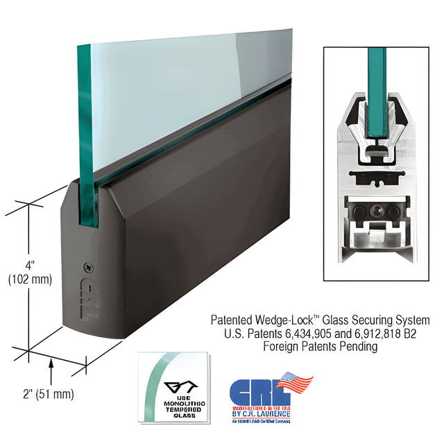 CRL Black Bronze Anodized 1/2" Glass 4" Tapered Door Rail Without Lock - Custom Length