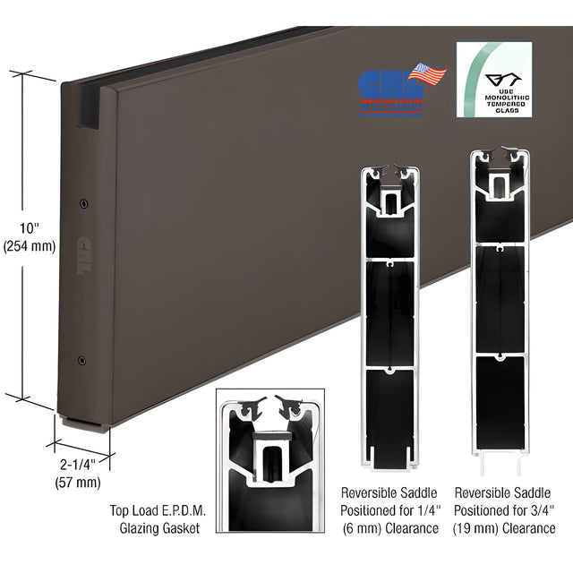 CRL Black Bronze Anodized 10" x 120" Length Square Sidelite Rail for 5/8" or 3/4" Glass