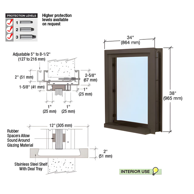 CRL Black Bronze Anodized 34" Wide x 38" High Bullet Resistant Interior Window With Surround Sound and 12" Shelf With Deal Tray