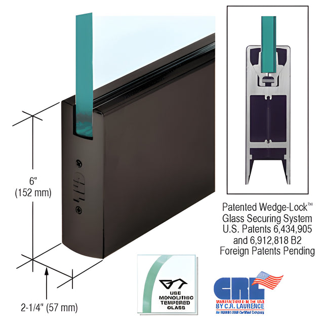 CRL Black Bronze Anodized 5/8" Glass 6" Square Door Rail Without Lock - 35-3/4" Length
