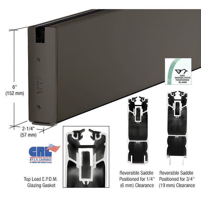 CRL Black Bronze Anodized 6" Square Sidelite Rail for 3/4" Glass 120" Length