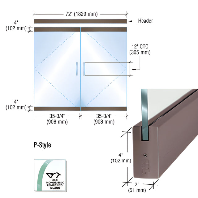 CRL Black Bronze Dry Glazed Frameless Glass 6'-0" P-Style Double Door Complete Entrance Kit - without Lock