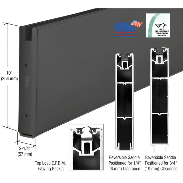 CRL Black Powder Coat 10" Custom Length Square Sidelite Rail for 5/8" or 3/4" Glass