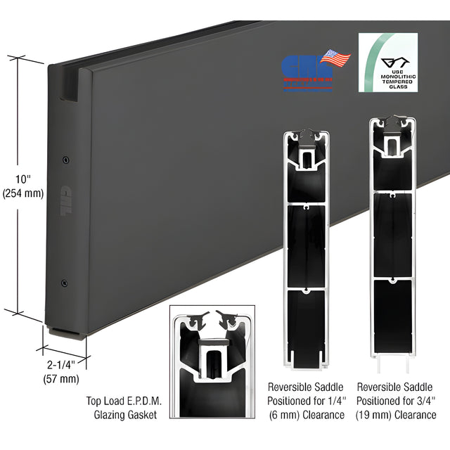 CRL Black Powder Coat 10" x 240" Length Square Sidelite Rail for 5/8" or 3/4" Glass