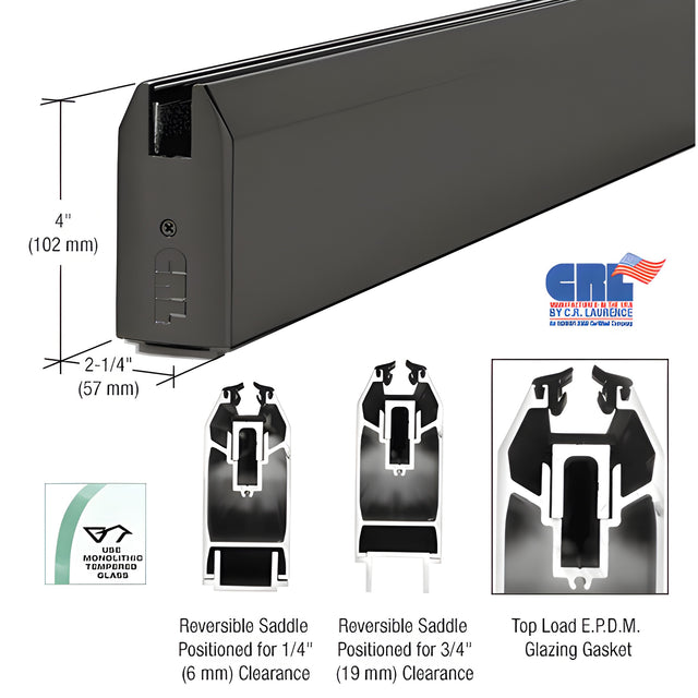 CRL Black Powder Coat 4" Custom Length Tapered Sidelite Rail for 3/4" Glass