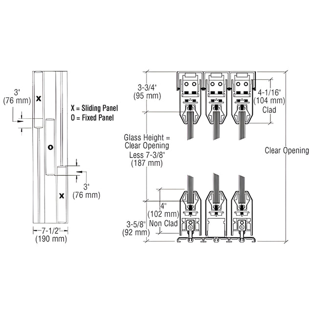 CRL Black Powder Coat XOX Format Sliding Door Entrance System - 4" Top and Bottom Tapered Rail