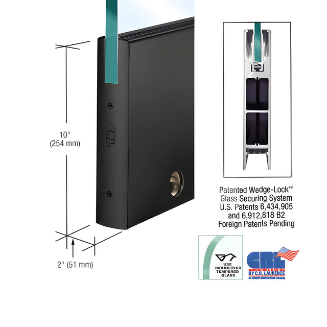 CRL Black Powder Coated 1/2" Glass 10" Square Door Rail With Lock - Custom Length