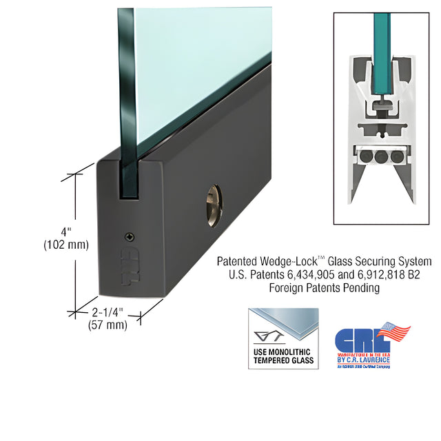 CRL Black Powder Coated 3/4" Glass 4" Square Door Rail With Lock - 35-3/4" Length