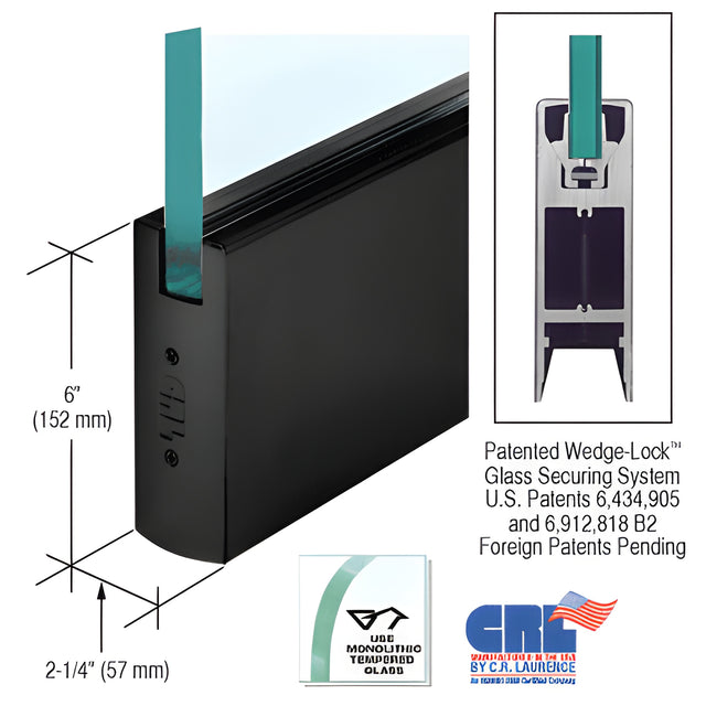 CRL Black Powder Coated 3/4" Glass 6" Square Door Rail Without Lock - Custom Length