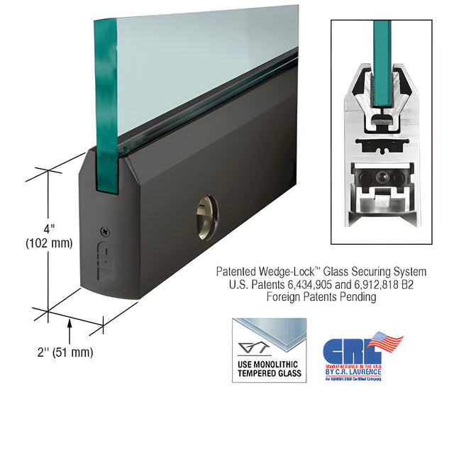 CRL Black Powder Coated 3/8" Glass 4" Tapered Door Rail With Lock - Custom Length