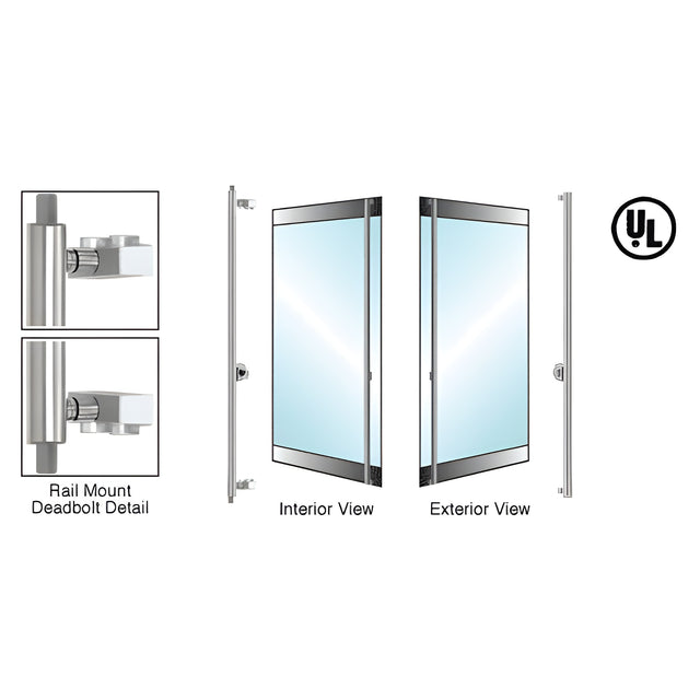 CRL-Blumcraft® Brushed Stainless Right Hand Double Acting Rail Mount 'F' Exterior Top and Bottom Secured Deadbolt Handle With Cylinder Outside and Thumbturn Inside