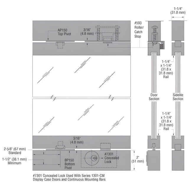 CRL-Blumcraft® Painted 1301-CM Display Case Double Door and Sidelite with Mounting Bars - 1/2" Tempered Glass
