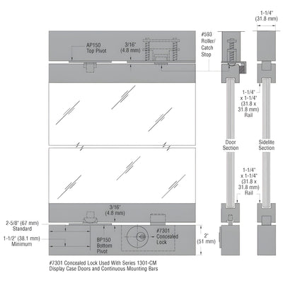 CRL-Blumcraft® Satin Anodized 1301-CM Display Case Double Door and Sidelite with Mounting Bars - 1/2" Tempered Glass