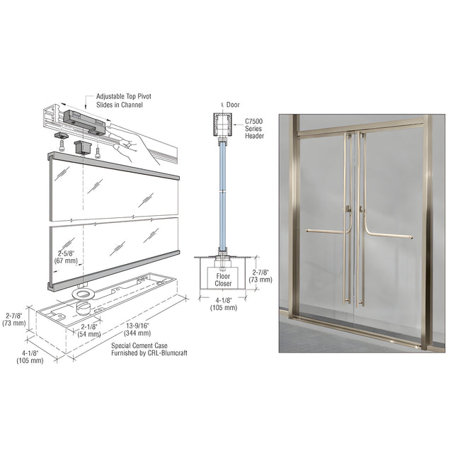 CRL-Blumcraft® Satin Brass 1301 Entry Door 1/2" Glass w/Overhead Closer - w/Mag Lock