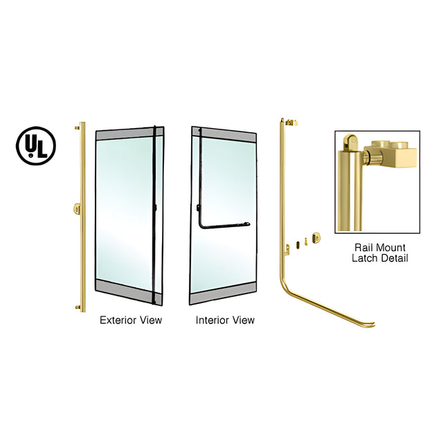CRL-Blumcraft® Satin Brass Left Hand Reverse Rail Mount Keyed Access 'F' Exterior, Top Securing Panic Handle for 3/4" Glass