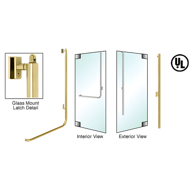 CRL-Blumcraft® Satin Brass Right Hand Reverse Glass Mount Retainer Plate "LS" Exterior, Top Securing Panic Handle