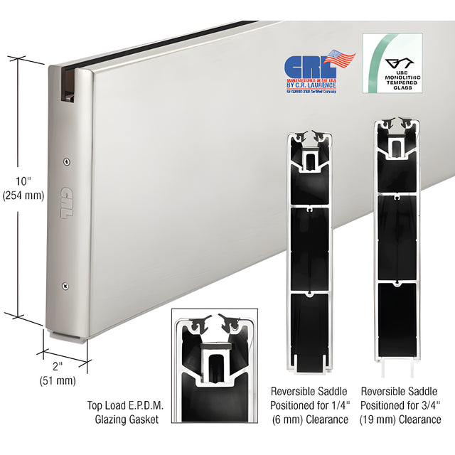 CRL Brushed Stainless 10" Custom Length Square Sidelite Rail for 3/8" or 1/2" Glass
