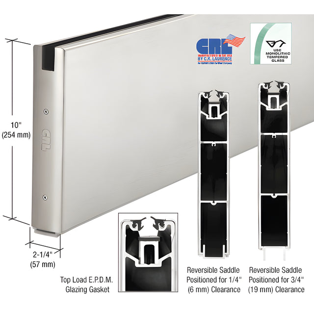 CRL Brushed Stainless 10" x 120" Length Square Sidelite Rail for 5/8" or 3/4" Glass