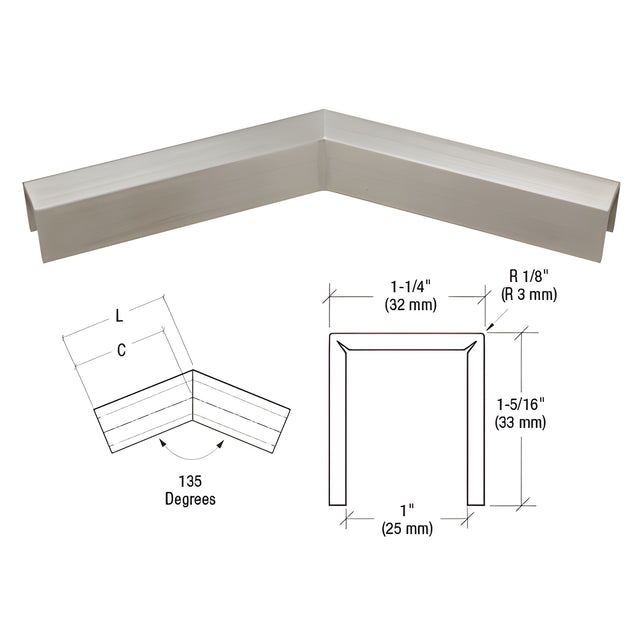 CRL Brushed Stainless 11 Gauge 135 Degree Horizontal Corner for 3/4" Glass Crisp Corner Low Profile Cap Rail