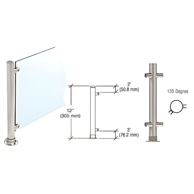 CRL Brushed Stainless 12" High 1" Round PP55 Slimline Series Straight Front Counter/Partition 135 Degree Post