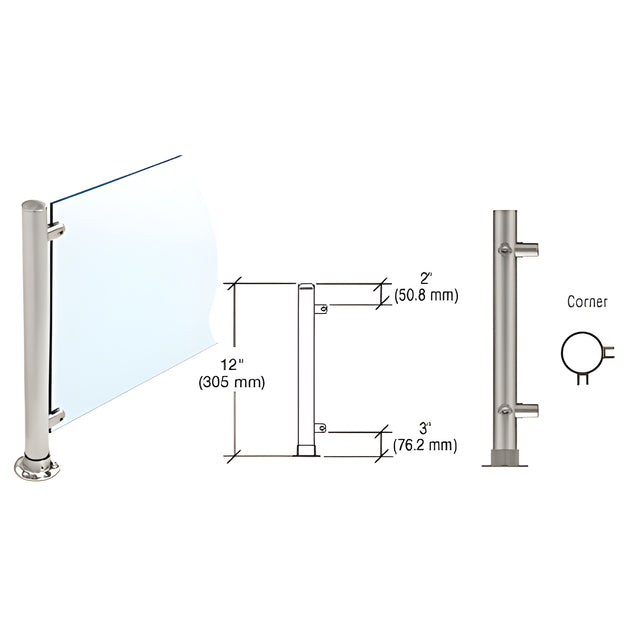 CRL Brushed Stainless 12" High 1" Round PP55 Slimline Series Straight Front Counter/Partition Corner Post