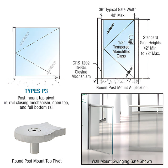 CRL Brushed Stainless 1202 Series Custom Post Mounted Gate w/In-Rail Closing Mechanism, Open Top, and Full Bottom Rail
