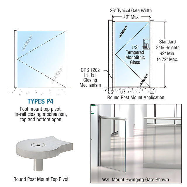 CRL Brushed Stainless 1202 Series Custom Post Mounted Gate w/In-Rail Closing Mechanism, Top and Bottom Open