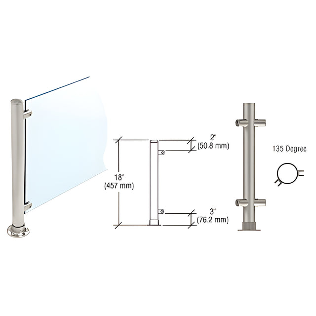 CRL Brushed Stainless 18" High 1" Round PP56 Slimline Series Straight Front Counter/Partition 135 Degree Post