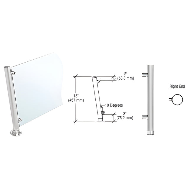 CRL Brushed Stainless 18" High 1" Round PP65 Slimline Series Slant Front Counter/Partition Right End Post