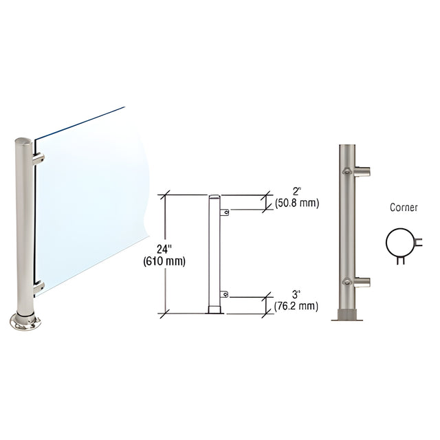 CRL Brushed Stainless 24" High 1" Round PP58 Slimline Series Straight Front Counter/Partition Corner Post