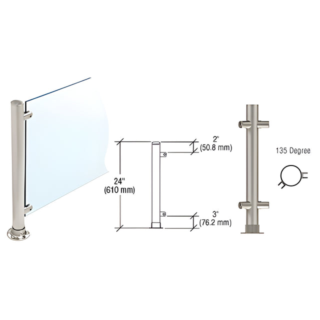CRL Brushed Stainless 24" High 1" Round Slimline Series Straight Front Counter/Partition 135 Degree Post