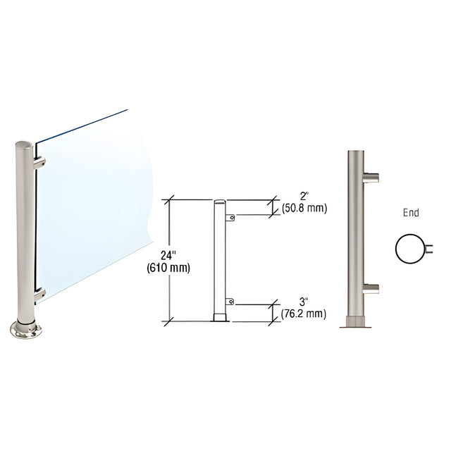 CRL Brushed Stainless 24" High 1" Round Slimline Series Straight Front Counter/Partition End Post