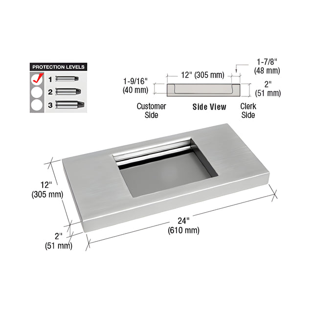 CRL Brushed Stainless 24" Wide x 12" Deep Level 1 Protection Stainless Steel Shelf with Deal Tray