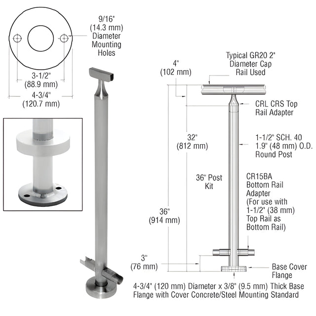 CRL Brushed Stainless 36" CRS Stainless Steel 180º Center Post Kit