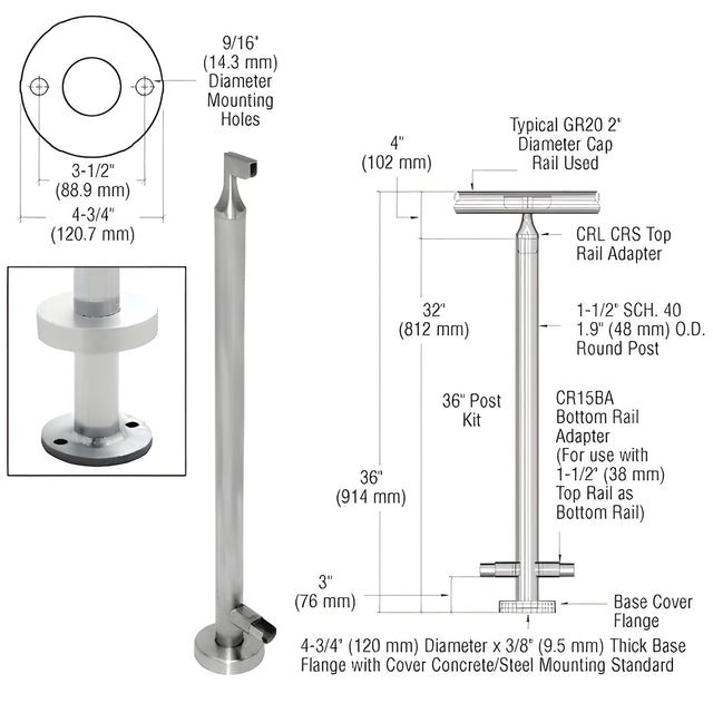 CRL Brushed Stainless 36" CRS Stainless Steel End Post Kit