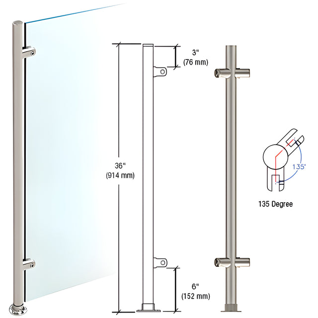 CRL Brushed Stainless 36" High 1" Round Slimline Series Straight Front Counter/Partition 135 Degree Post