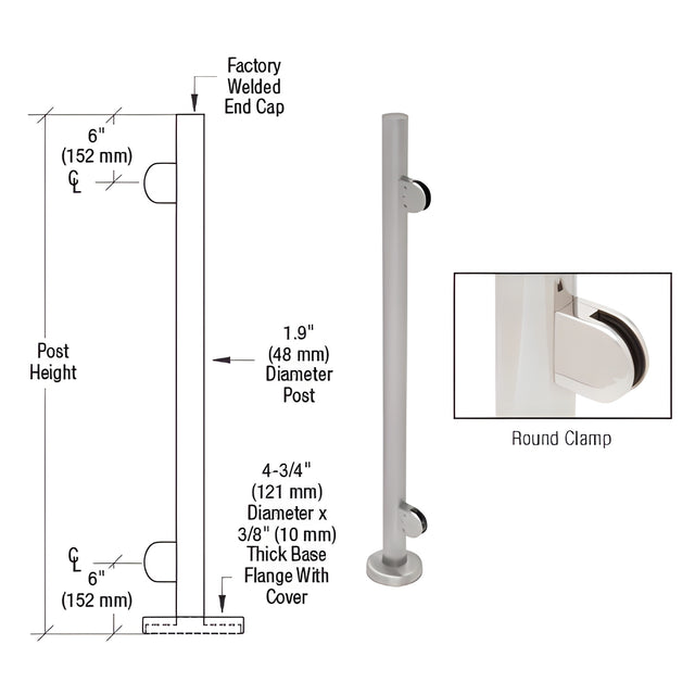 CRL Brushed Stainless 36" Steel Round Glass Clamp End Post Railing Kit
