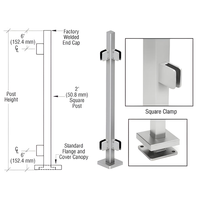 CRL Brushed Stainless 36" Steel Square Glass Clamp 90 Degree Corner Square Post Railing Kit