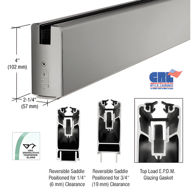 CRL Brushed Stainless 4" x 120" Length Square Sidelite Rail for 3/4" Glass