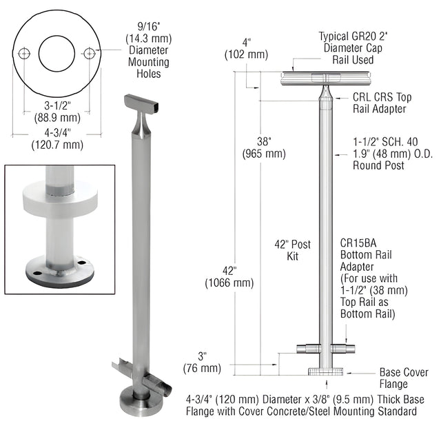 CRL Brushed Stainless 42" CRS Stainless Steel 180º Center Post Kit