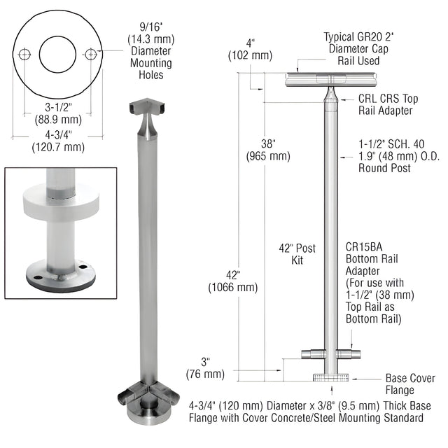CRL Brushed Stainless 42" CRS Stainless Steel 90º Corner Post Kit