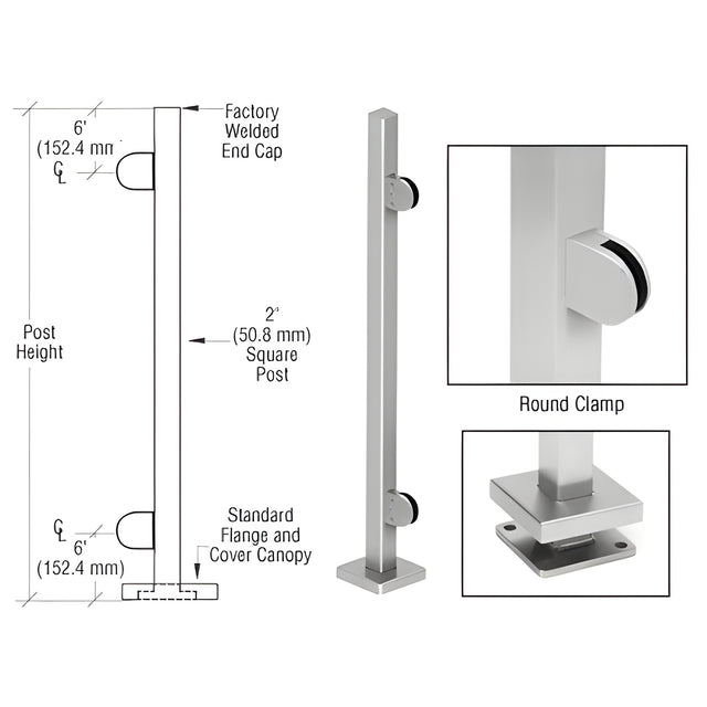 CRL Brushed Stainless 42" Steel Round Glass Clamp End Square Post Railing Kit