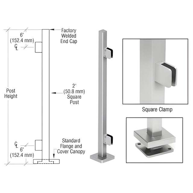 CRL Brushed Stainless 42" Steel Square Glass Clamp End Square Post Railing Kit