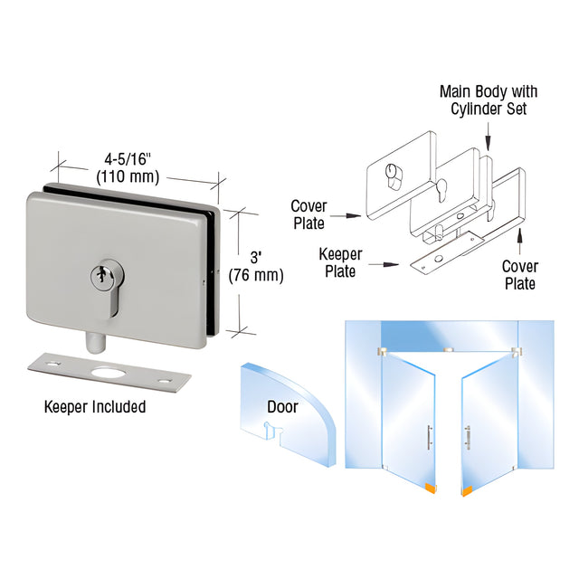 CRL Brushed Stainless European EUR Series Glass Mounted Patch Lock With Keeper Plate